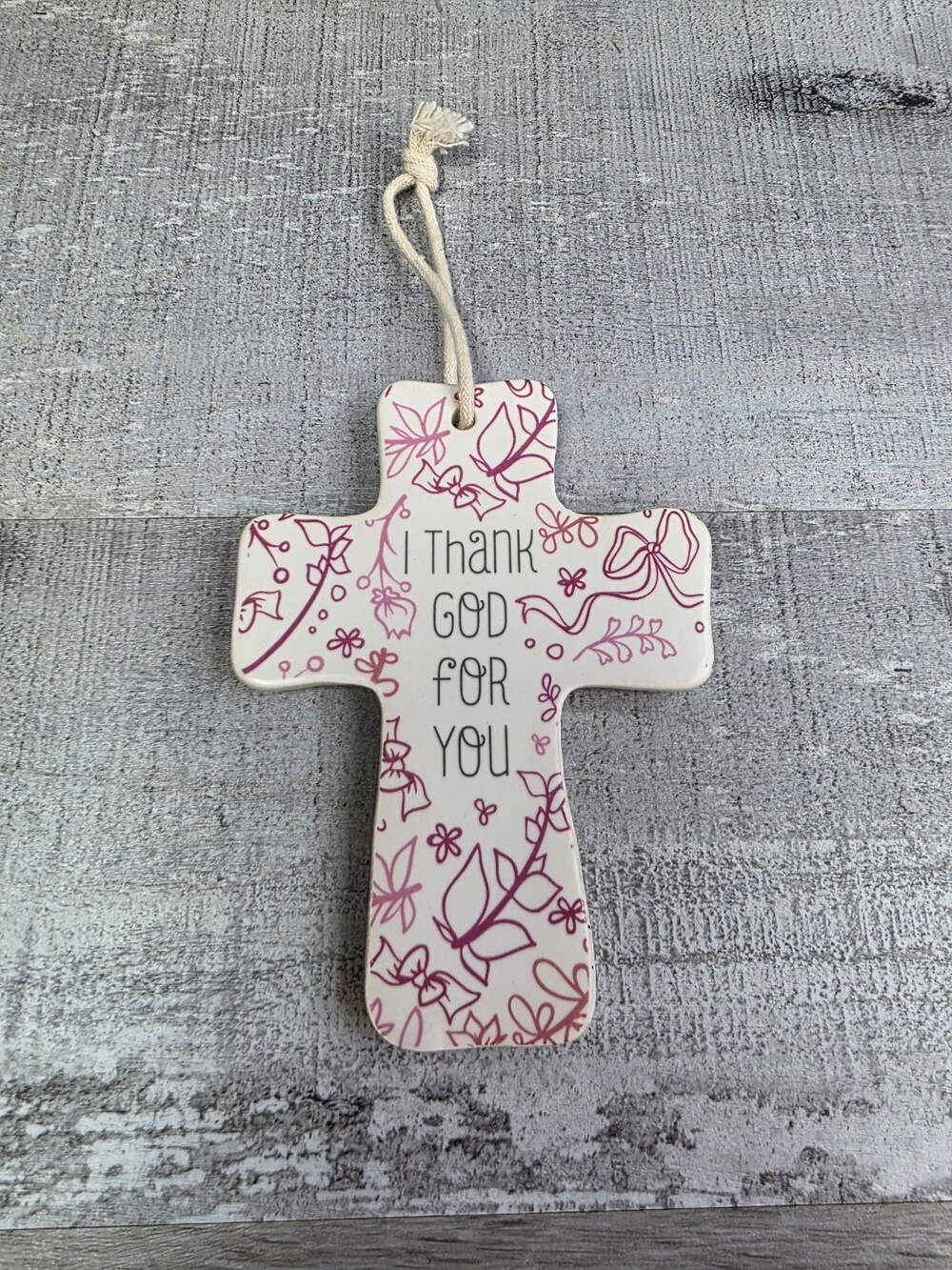 Cross Christmas Ornament “I Thank God For You” Hanging Ceramic Pink Scroll g19e3